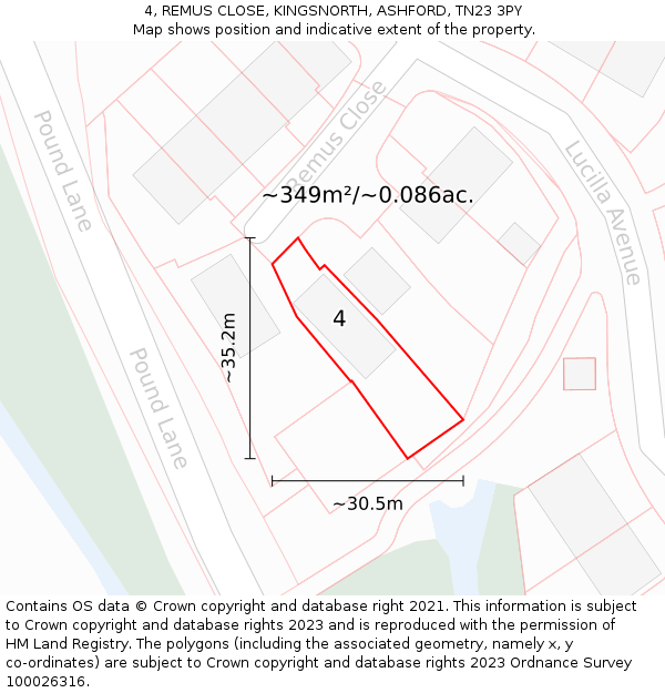 4, REMUS CLOSE, KINGSNORTH, ASHFORD, TN23 3PY: Plot and title map