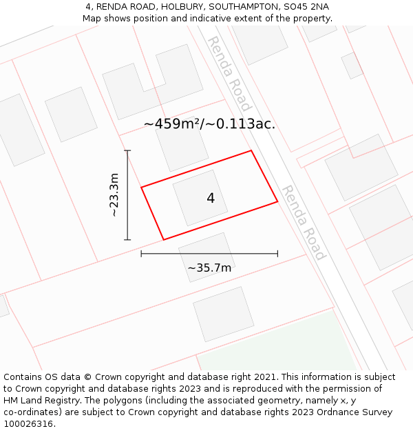 4, RENDA ROAD, HOLBURY, SOUTHAMPTON, SO45 2NA: Plot and title map