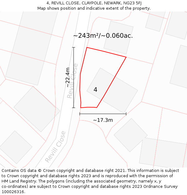 4, REVILL CLOSE, CLAYPOLE, NEWARK, NG23 5FJ: Plot and title map