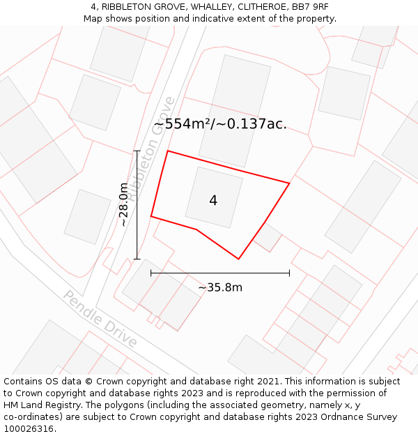 4, RIBBLETON GROVE, WHALLEY, CLITHEROE, BB7 9RF: Plot and title map