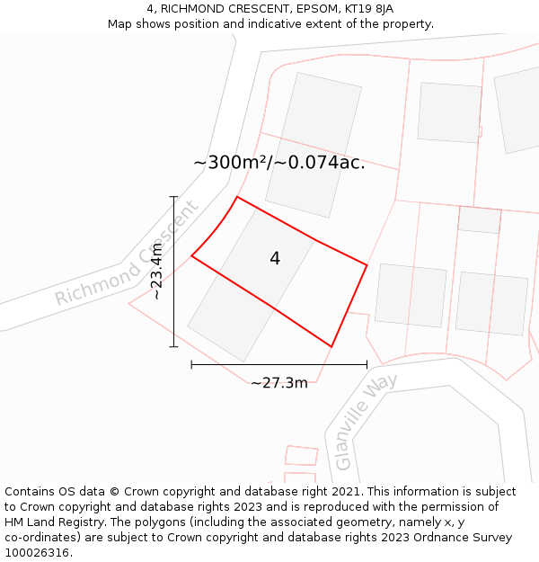 4, RICHMOND CRESCENT, EPSOM, KT19 8JA: Plot and title map