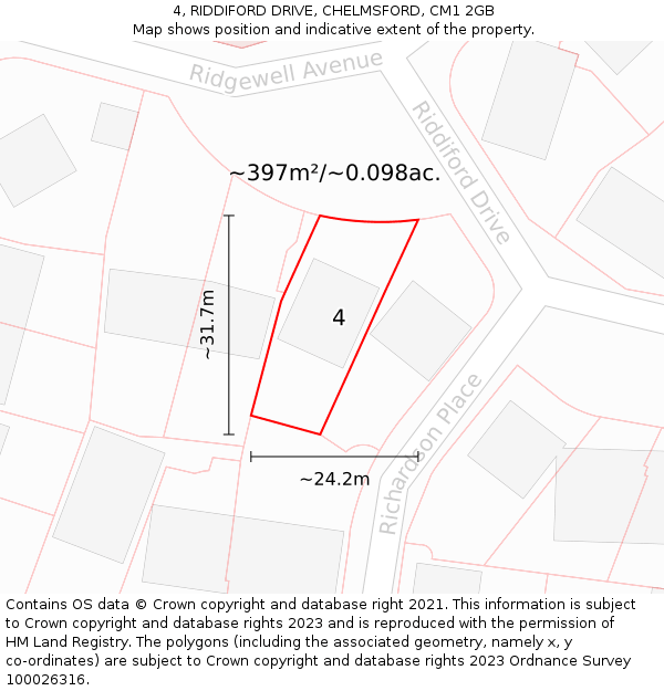 4, RIDDIFORD DRIVE, CHELMSFORD, CM1 2GB: Plot and title map