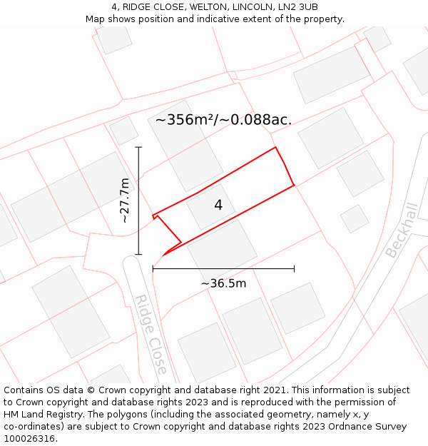 4, RIDGE CLOSE, WELTON, LINCOLN, LN2 3UB: Plot and title map