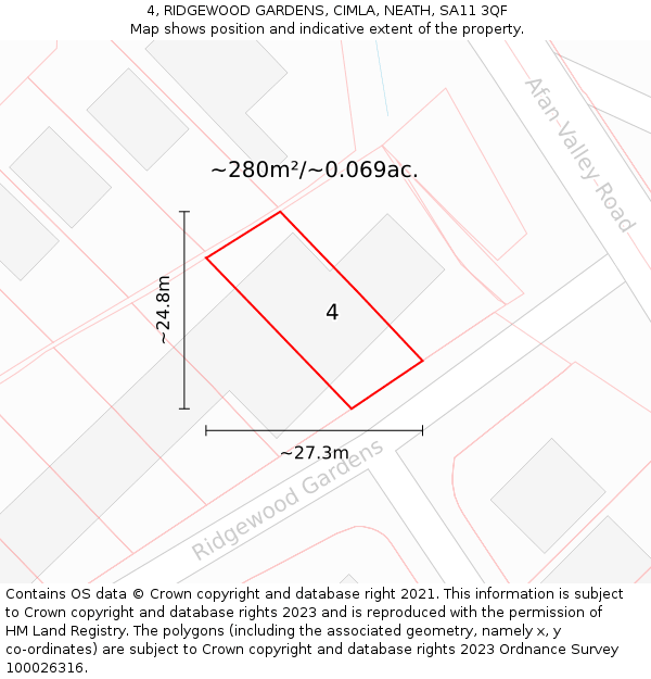 4, RIDGEWOOD GARDENS, CIMLA, NEATH, SA11 3QF: Plot and title map