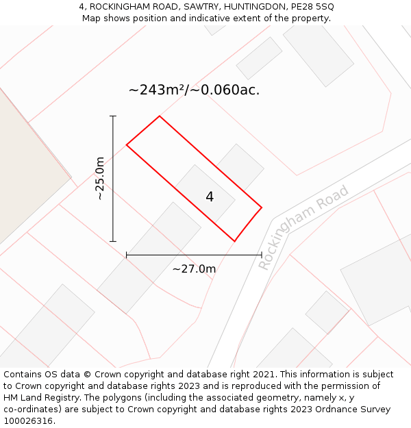 4, ROCKINGHAM ROAD, SAWTRY, HUNTINGDON, PE28 5SQ: Plot and title map