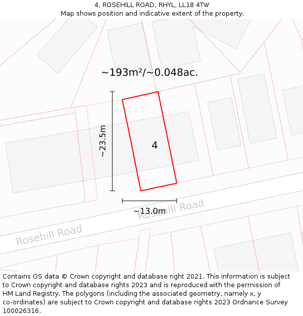 4, ROSEHILL ROAD, RHYL, LL18 4TW: Plot and title map