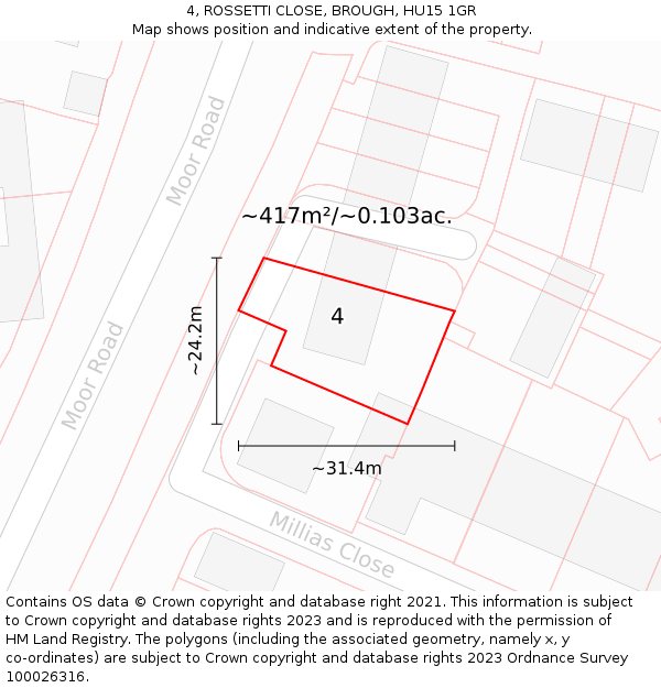 4, ROSSETTI CLOSE, BROUGH, HU15 1GR: Plot and title map