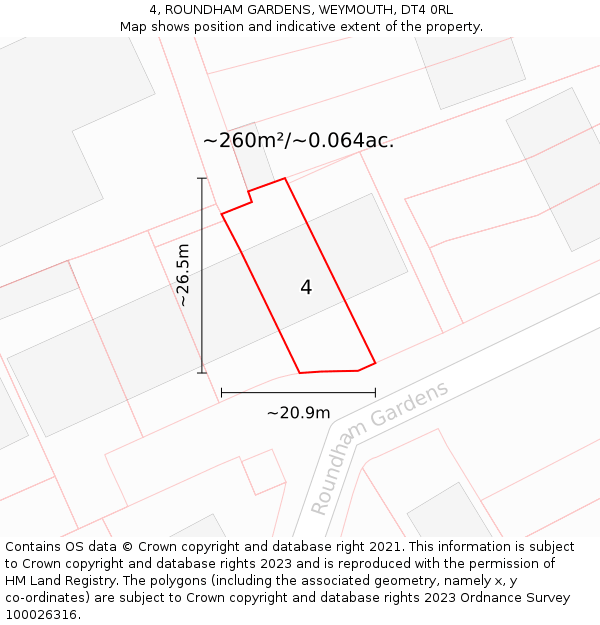 4, ROUNDHAM GARDENS, WEYMOUTH, DT4 0RL: Plot and title map