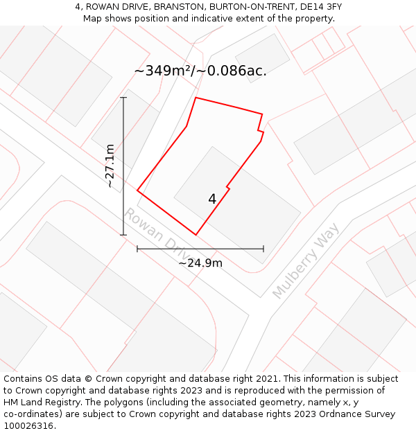 4, ROWAN DRIVE, BRANSTON, BURTON-ON-TRENT, DE14 3FY: Plot and title map