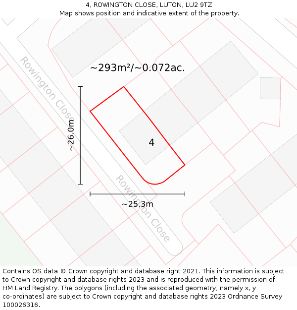 4, ROWINGTON CLOSE, LUTON, LU2 9TZ: Plot and title map