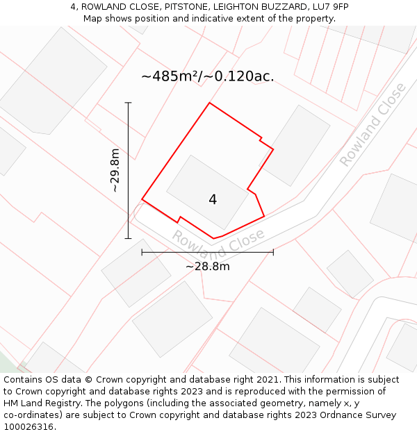 4, ROWLAND CLOSE, PITSTONE, LEIGHTON BUZZARD, LU7 9FP: Plot and title map