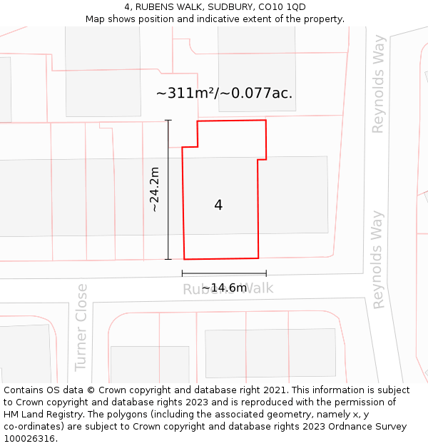 4, RUBENS WALK, SUDBURY, CO10 1QD: Plot and title map