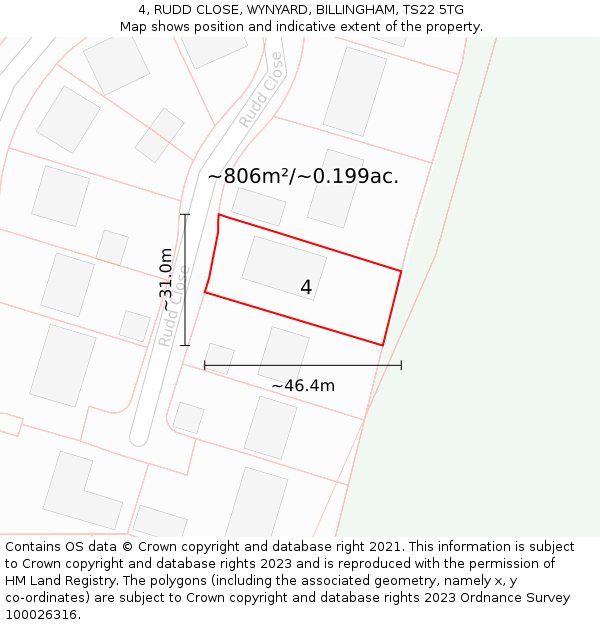 4, RUDD CLOSE, WYNYARD, BILLINGHAM, TS22 5TG: Plot and title map