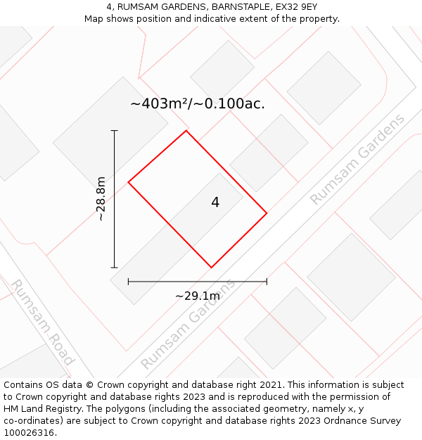 4, RUMSAM GARDENS, BARNSTAPLE, EX32 9EY: Plot and title map