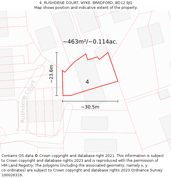 4, RUSHDENE COURT, WYKE, BRADFORD, BD12 9JG: Plot and title map