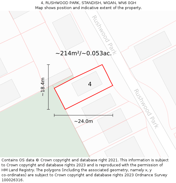 4, RUSHWOOD PARK, STANDISH, WIGAN, WN6 0GH: Plot and title map