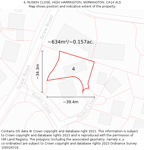 4, RUSKIN CLOSE, HIGH HARRINGTON, WORKINGTON, CA14 4LS: Plot and title map