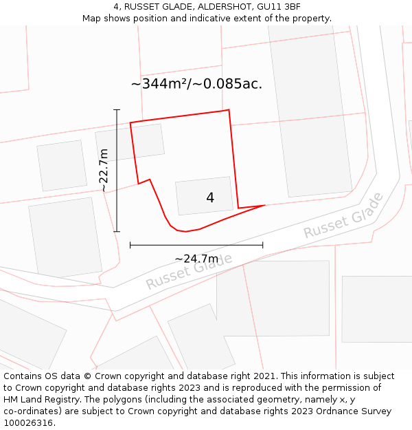 4, RUSSET GLADE, ALDERSHOT, GU11 3BF: Plot and title map