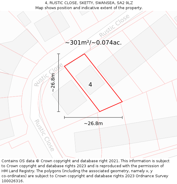 4, RUSTIC CLOSE, SKETTY, SWANSEA, SA2 9LZ: Plot and title map