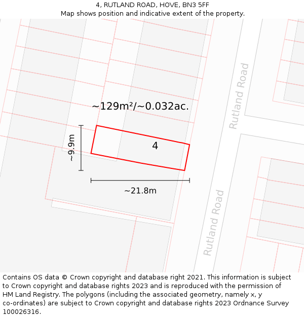 4, RUTLAND ROAD, HOVE, BN3 5FF: Plot and title map