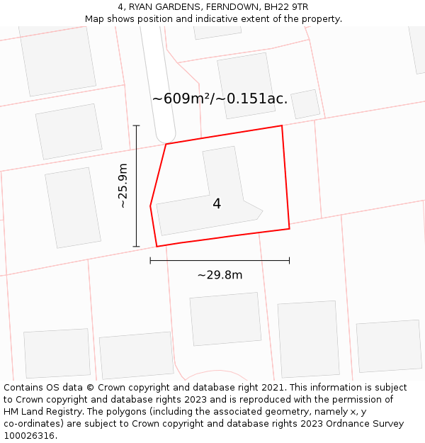 4, RYAN GARDENS, FERNDOWN, BH22 9TR: Plot and title map