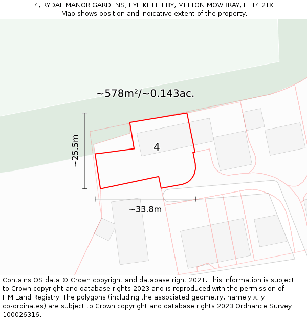 4, RYDAL MANOR GARDENS, EYE KETTLEBY, MELTON MOWBRAY, LE14 2TX: Plot and title map
