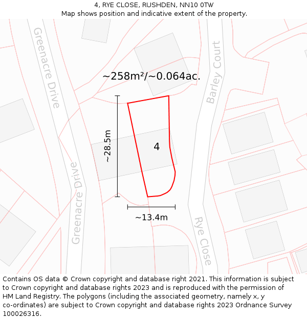 4, RYE CLOSE, RUSHDEN, NN10 0TW: Plot and title map