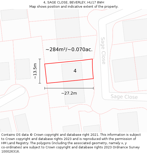 4, SAGE CLOSE, BEVERLEY, HU17 8WH: Plot and title map