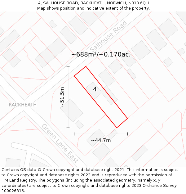 4, SALHOUSE ROAD, RACKHEATH, NORWICH, NR13 6QH: Plot and title map