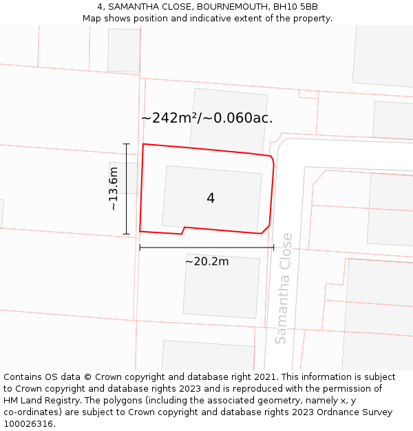 4, SAMANTHA CLOSE, BOURNEMOUTH, BH10 5BB: Plot and title map