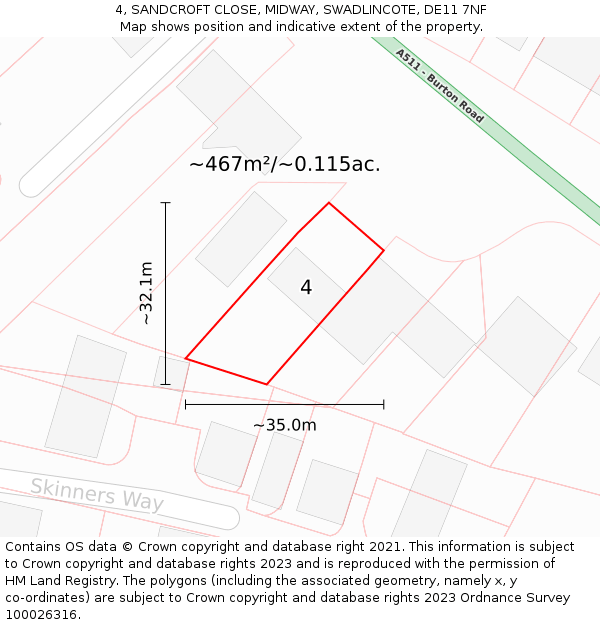 4, SANDCROFT CLOSE, MIDWAY, SWADLINCOTE, DE11 7NF: Plot and title map