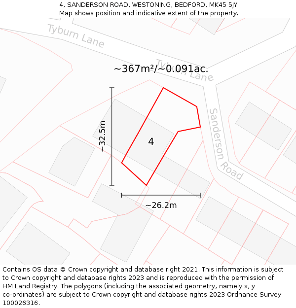 4, SANDERSON ROAD, WESTONING, BEDFORD, MK45 5JY: Plot and title map