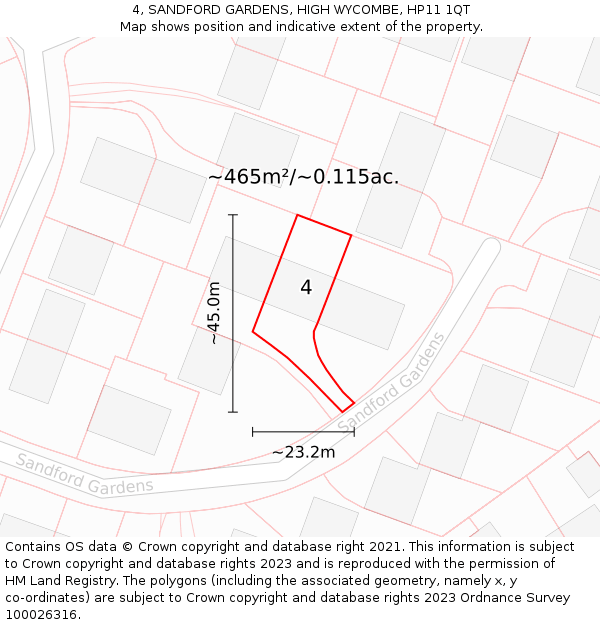 4, SANDFORD GARDENS, HIGH WYCOMBE, HP11 1QT: Plot and title map