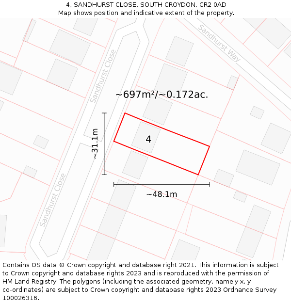 4, SANDHURST CLOSE, SOUTH CROYDON, CR2 0AD: Plot and title map