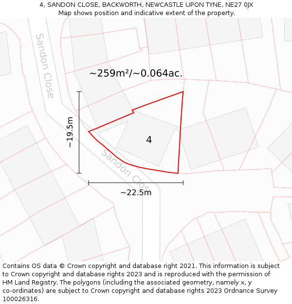 4, SANDON CLOSE, BACKWORTH, NEWCASTLE UPON TYNE, NE27 0JX: Plot and title map