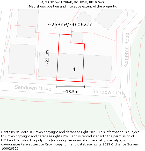 4, SANDOWN DRIVE, BOURNE, PE10 0WP: Plot and title map