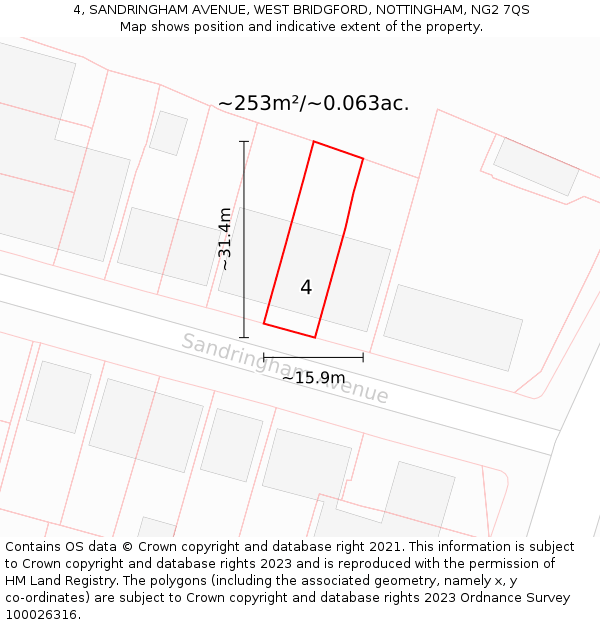 4, SANDRINGHAM AVENUE, WEST BRIDGFORD, NOTTINGHAM, NG2 7QS: Plot and title map