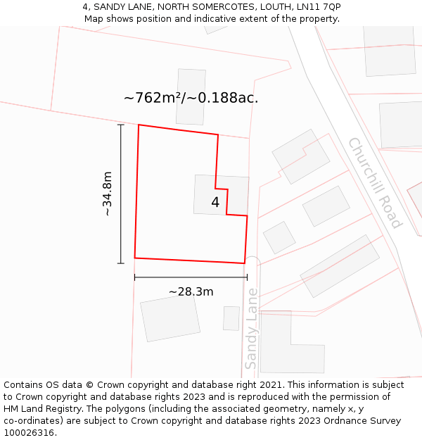 4, SANDY LANE, NORTH SOMERCOTES, LOUTH, LN11 7QP: Plot and title map