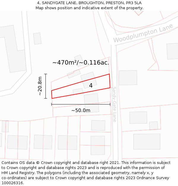 4, SANDYGATE LANE, BROUGHTON, PRESTON, PR3 5LA: Plot and title map