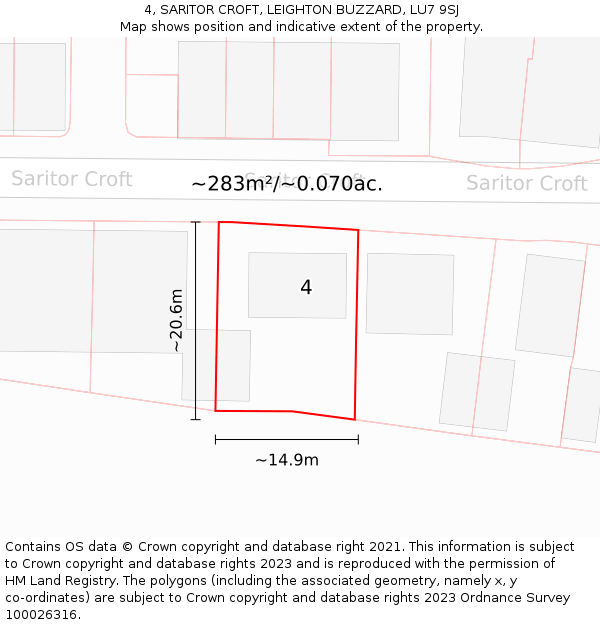 4, SARITOR CROFT, LEIGHTON BUZZARD, LU7 9SJ: Plot and title map