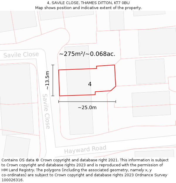 4, SAVILE CLOSE, THAMES DITTON, KT7 0BU: Plot and title map