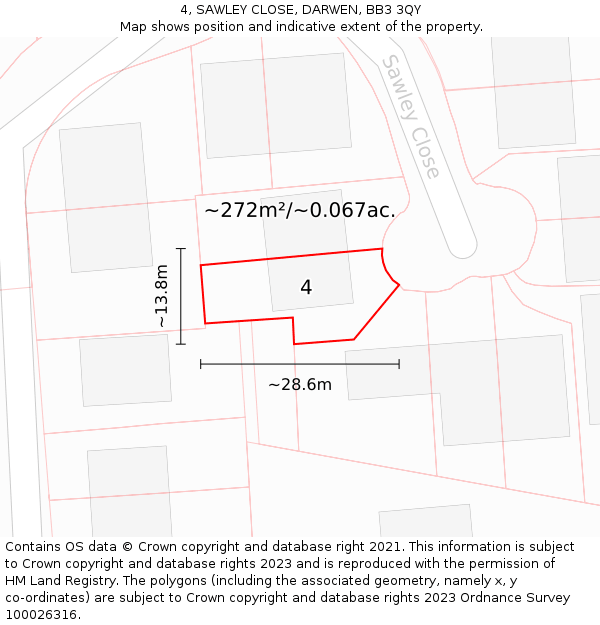 4, SAWLEY CLOSE, DARWEN, BB3 3QY: Plot and title map