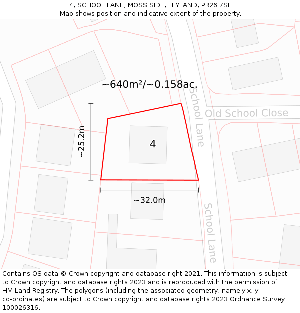 4, SCHOOL LANE, MOSS SIDE, LEYLAND, PR26 7SL: Plot and title map