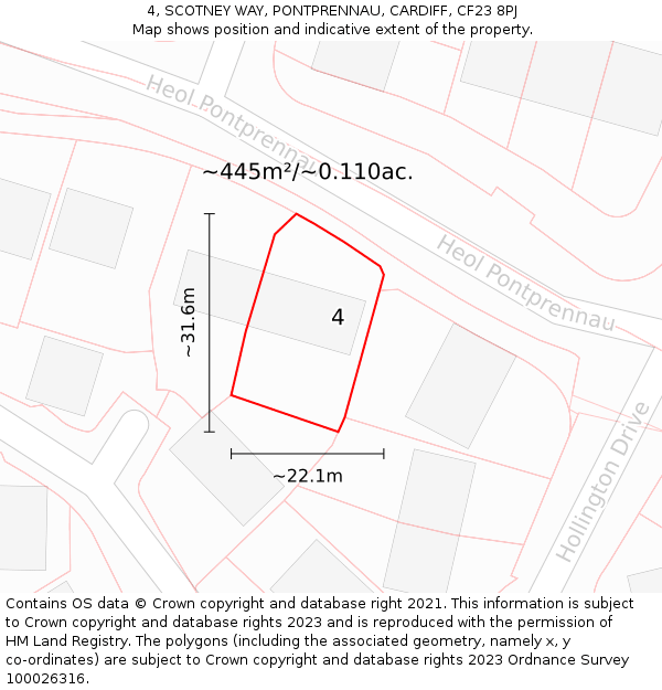 4, SCOTNEY WAY, PONTPRENNAU, CARDIFF, CF23 8PJ: Plot and title map