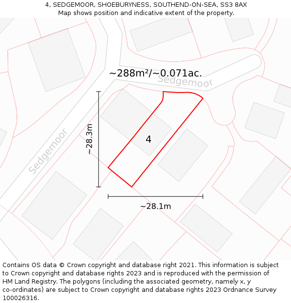 4, SEDGEMOOR, SHOEBURYNESS, SOUTHEND-ON-SEA, SS3 8AX: Plot and title map