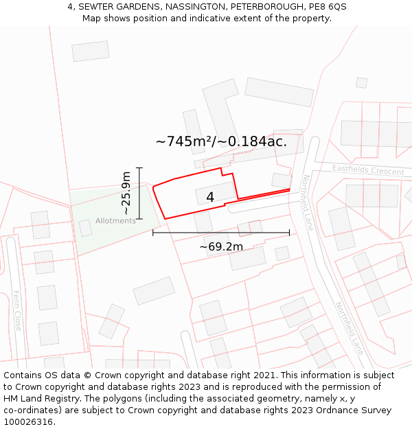 4, SEWTER GARDENS, NASSINGTON, PETERBOROUGH, PE8 6QS: Plot and title map