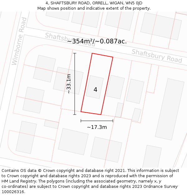 4, SHAFTSBURY ROAD, ORRELL, WIGAN, WN5 0JD: Plot and title map