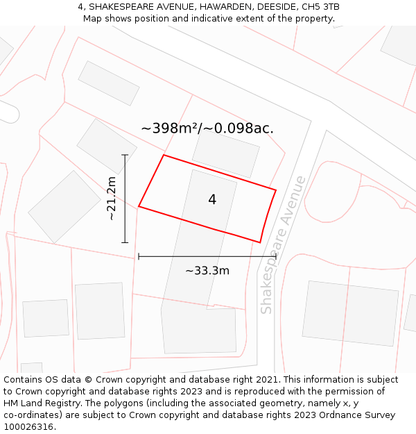 4, SHAKESPEARE AVENUE, HAWARDEN, DEESIDE, CH5 3TB: Plot and title map