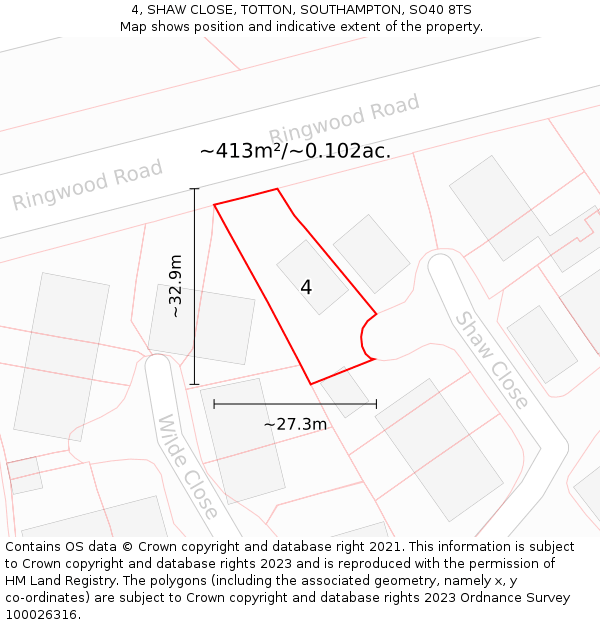 4, SHAW CLOSE, TOTTON, SOUTHAMPTON, SO40 8TS: Plot and title map