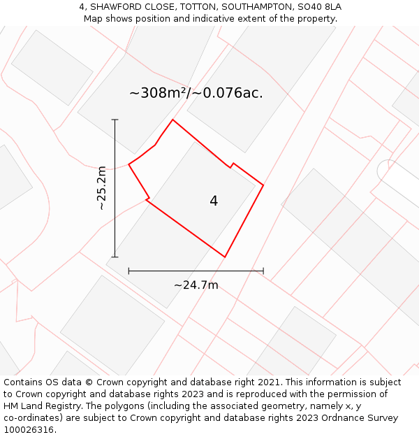 4, SHAWFORD CLOSE, TOTTON, SOUTHAMPTON, SO40 8LA: Plot and title map